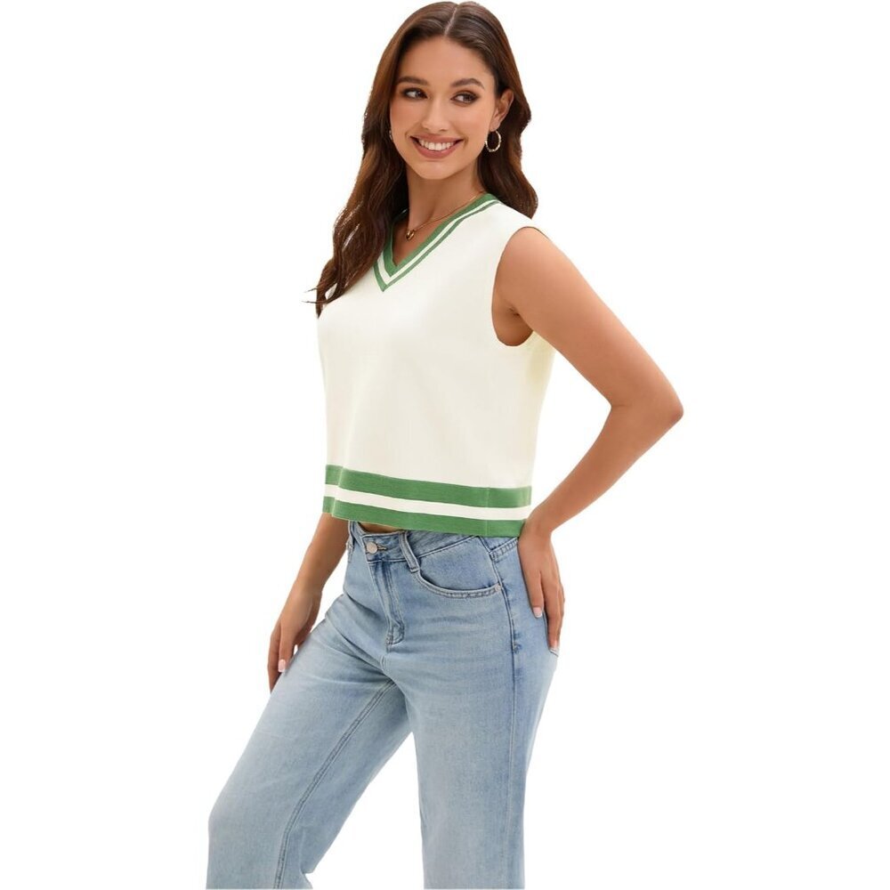 Womens Sleeveless Cropped Sweater Vest Knit V Neck Loose Fit Tank Top - Picture 3 of 6